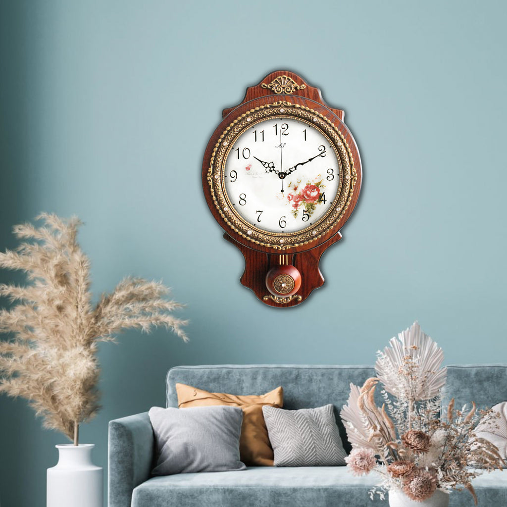 Pendulum Wall Clock, Size 8.7", Solid Wood, Battery Operated, Retro Vintage Clock - W166-1A