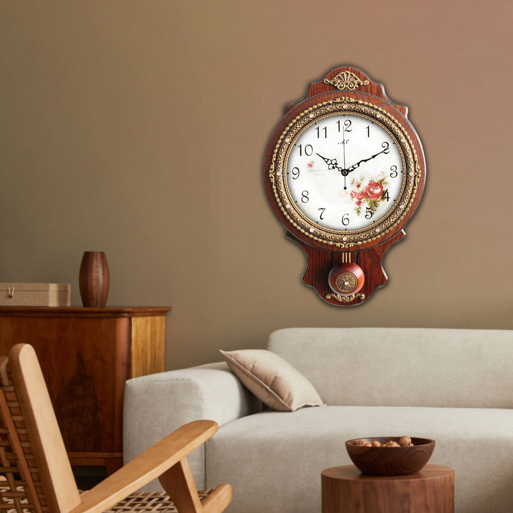 Pendulum Wall Clock, Size 8.7", Solid Wood, Battery Operated, Retro Vintage Clock - W166-1A