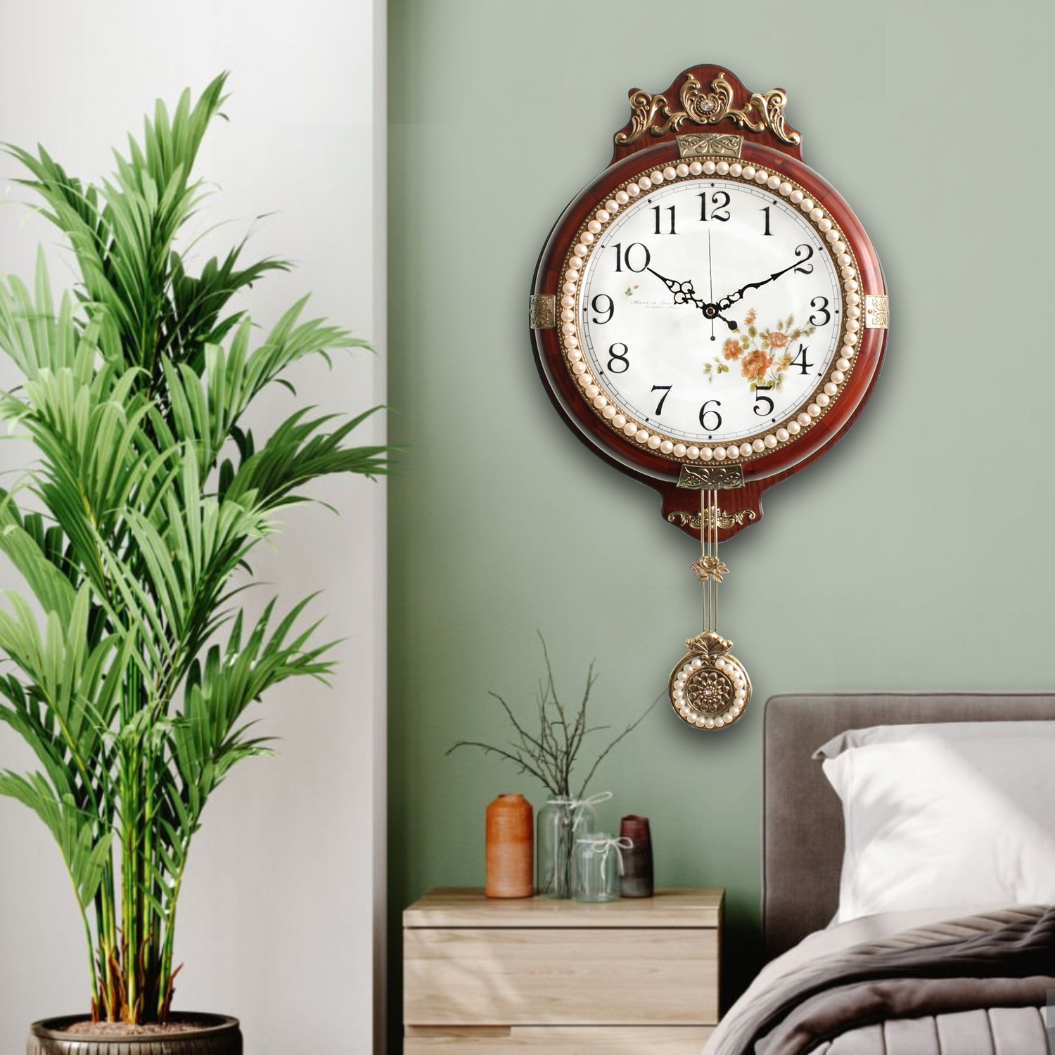 Pendulum Wall Clock, Size 11.0", Solid Wood, Battery Operated, Retro Vintage Clock - W224A