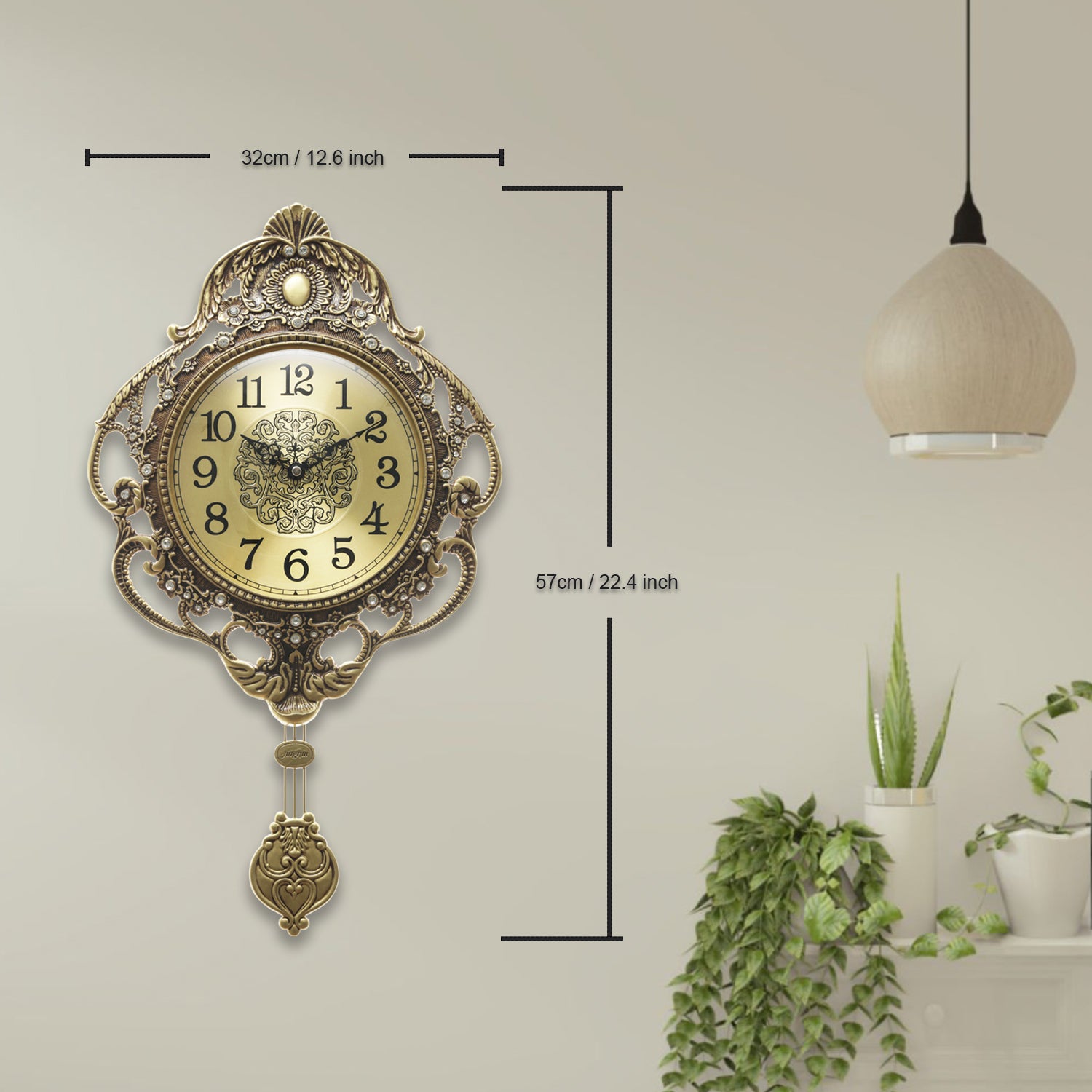 Pendulum Wall Clock, Size 12.6", Alloy Steel, Battery Operated, Retro Vintage Clock - W608B