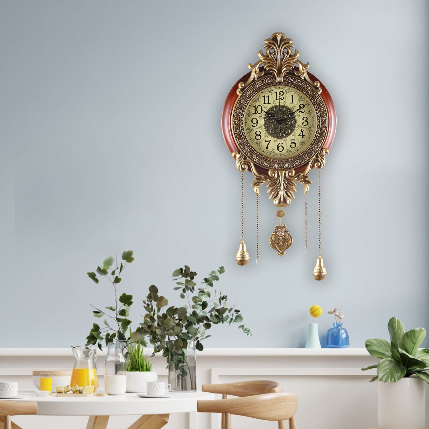 Pendulum Wall Clock, Size 14", Solid Wood, Battery Operated, Retro Vintage Clock - W206AX22