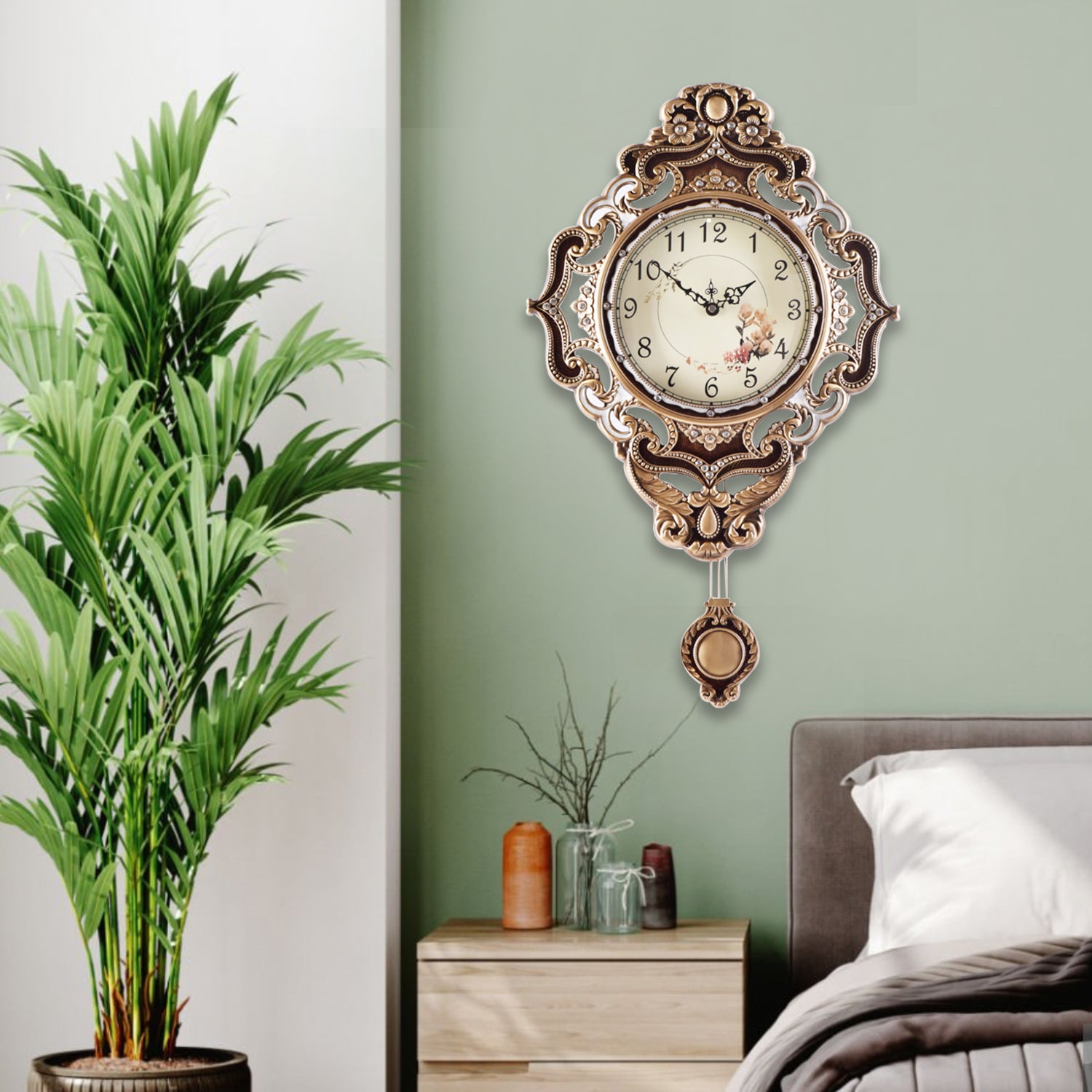 Pendulum Wall Clock, Size 14", Alloy Steel, Battery Operated, Retro Vintage Clock - W635AX23