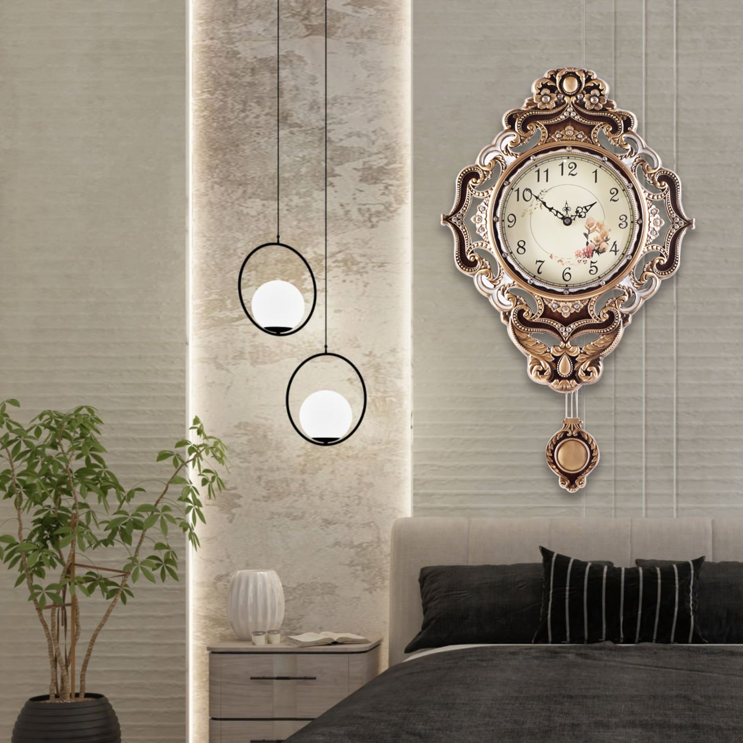 Pendulum Wall Clock, Size 14", Alloy Steel, Battery Operated, Retro Vintage Clock - W635AX23