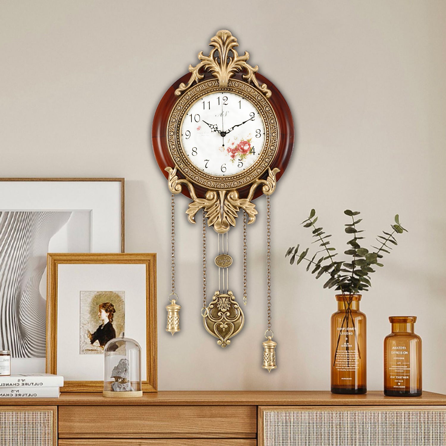 Pendulum Wall Clock, Size 9", Solid Wood, Battery Operated, Retro Vintage Clock - W205CX14