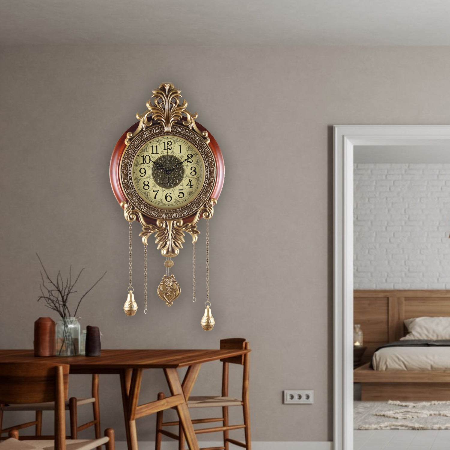 Pendulum Wall Clock, Size 14", Solid Wood, Battery Operated, Retro Vintage Clock - W206AX22