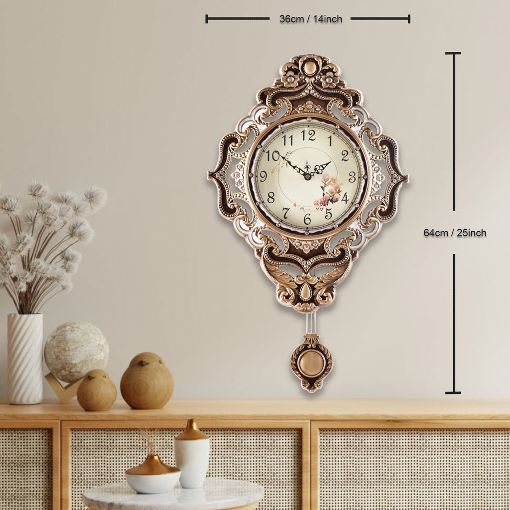 Pendulum Wall Clock, Size 14", Alloy Steel, Battery Operated, Retro Vintage Clock - W635AX23