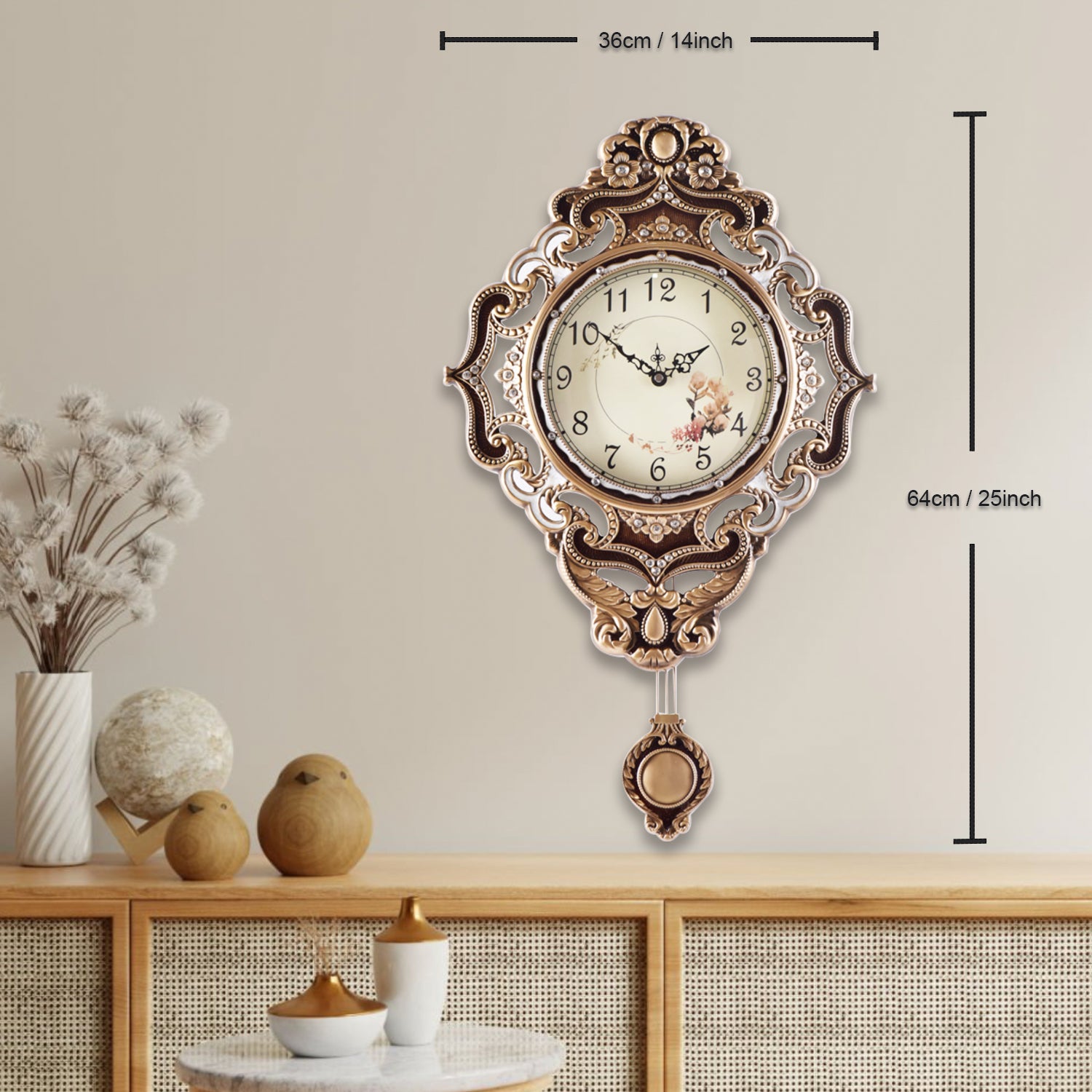 Pendulum Wall Clock, Size 14", Alloy Steel, Battery Operated, Retro Vintage Clock - W635AX23