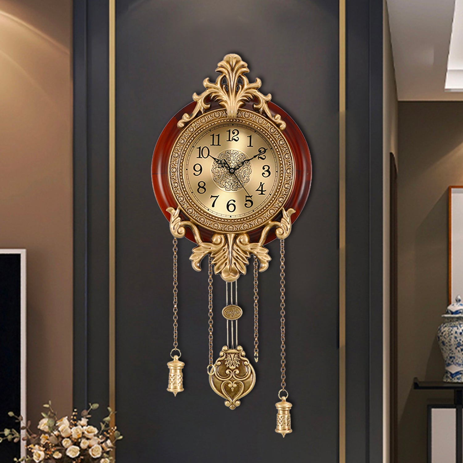 Pendulum Wall Clock, Size 9", Solid Wood, Battery Operated, Retro Vintage Clock - W205BX14