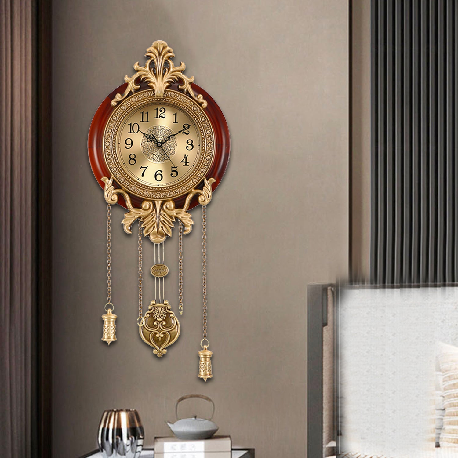 Pendulum Wall Clock, Size 9", Solid Wood, Battery Operated, Retro Vintage Clock - W205BX14