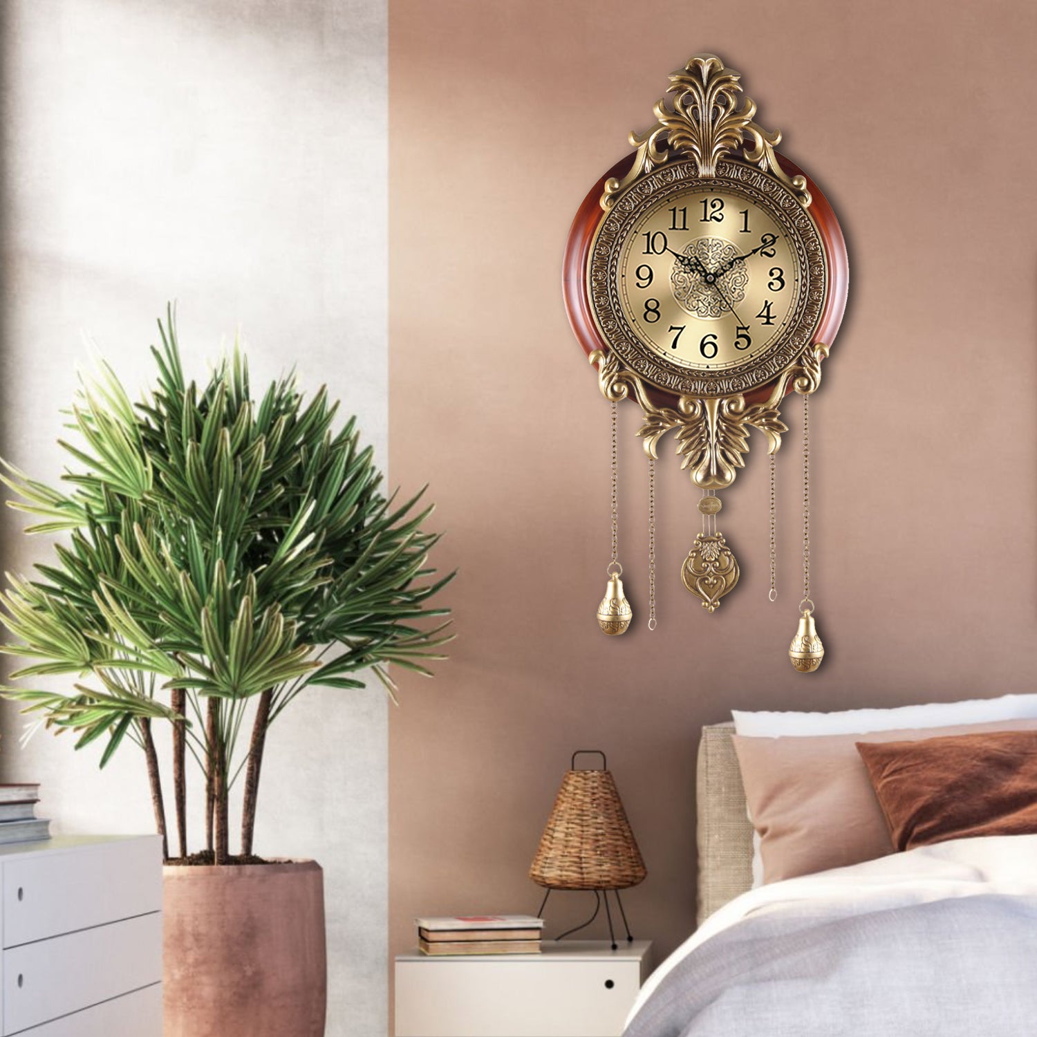 Pendulum Wall Clock, Size 14", Solid Wood, Battery Operated, Retro Vintage Clock - W206BX22