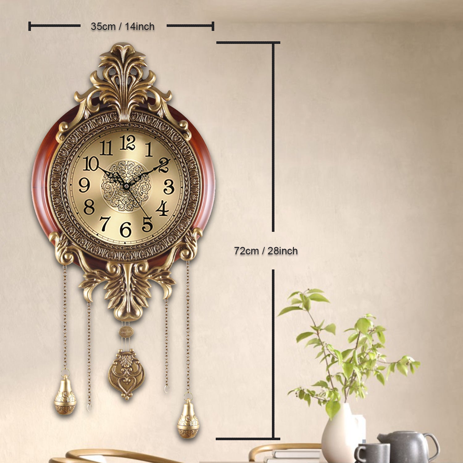 Pendulum Wall Clock, Size 14", Solid Wood, Battery Operated, Retro Vintage Clock - W206BX22