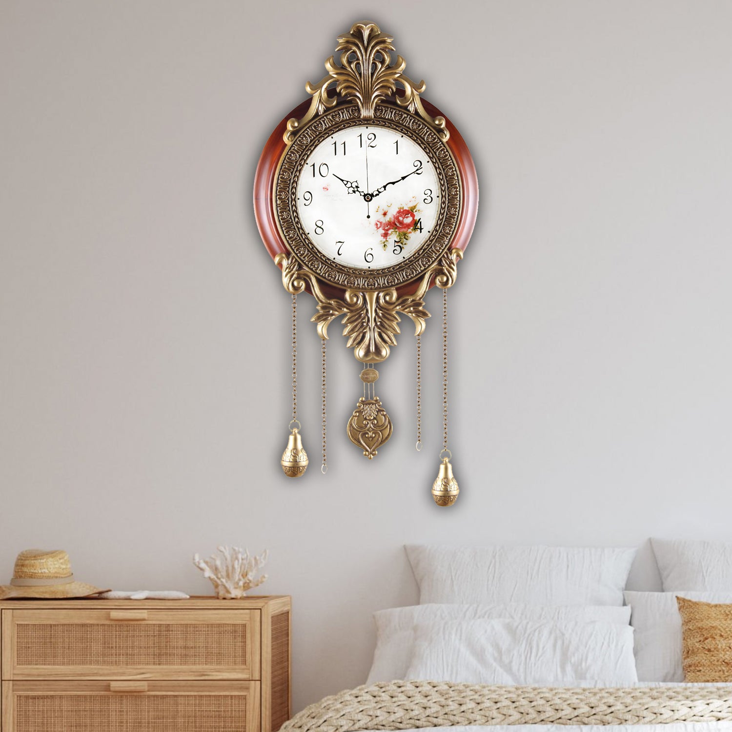 Pendulum Wall Clock, Size 14", Solid Wood, Battery Operated, Retro Vintage Clock - W206CX22