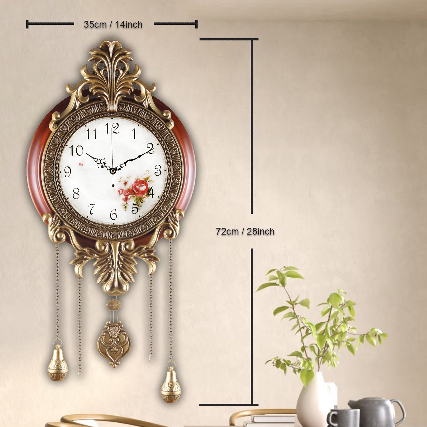 Pendulum Wall Clock, Size 14", Solid Wood, Battery Operated, Retro Vintage Clock - W206CX22