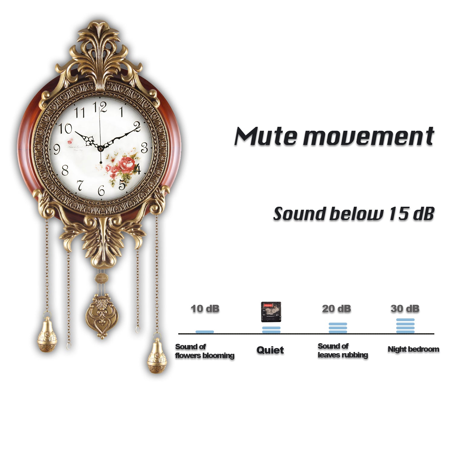 Pendulum Wall Clock, Size 14", Solid Wood, Battery Operated, Retro Vintage Clock - W206CX22