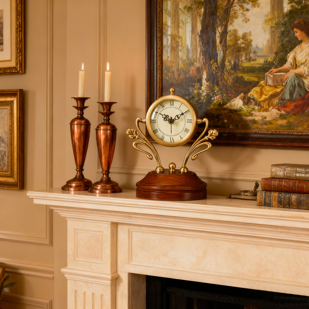 Mantel Clock, Size 6.9x8.6 inch, Pure Copper, Battery Operated, Desk Shelf Clock - W6017WE