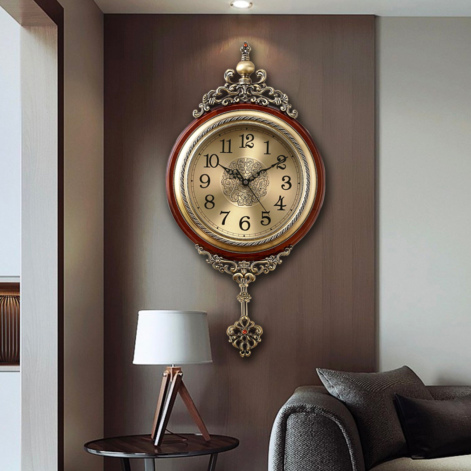 Pendulum Wall Clock, Size 12.6", Solid Wood, Battery Operated, Retro Vintage Clock - W891X23