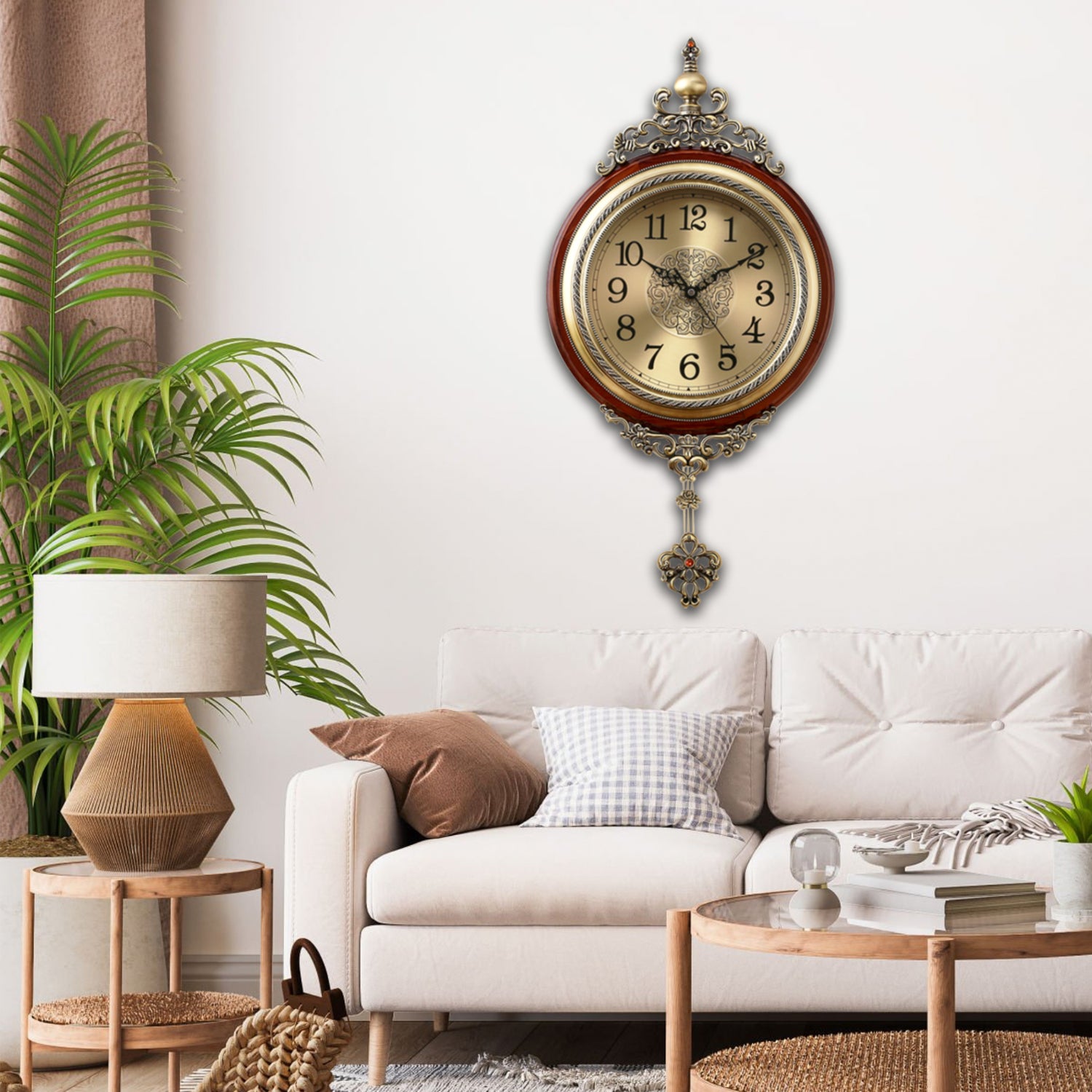 Pendulum Wall Clock, Size 12.6", Solid Wood, Battery Operated, Retro Vintage Clock - W891X23