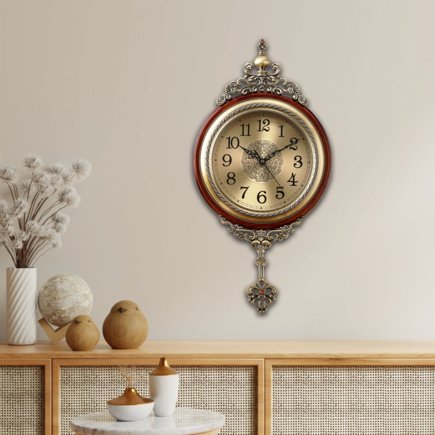Pendulum Wall Clock, Size 12.6", Solid Wood, Battery Operated, Retro Vintage Clock - W891X23