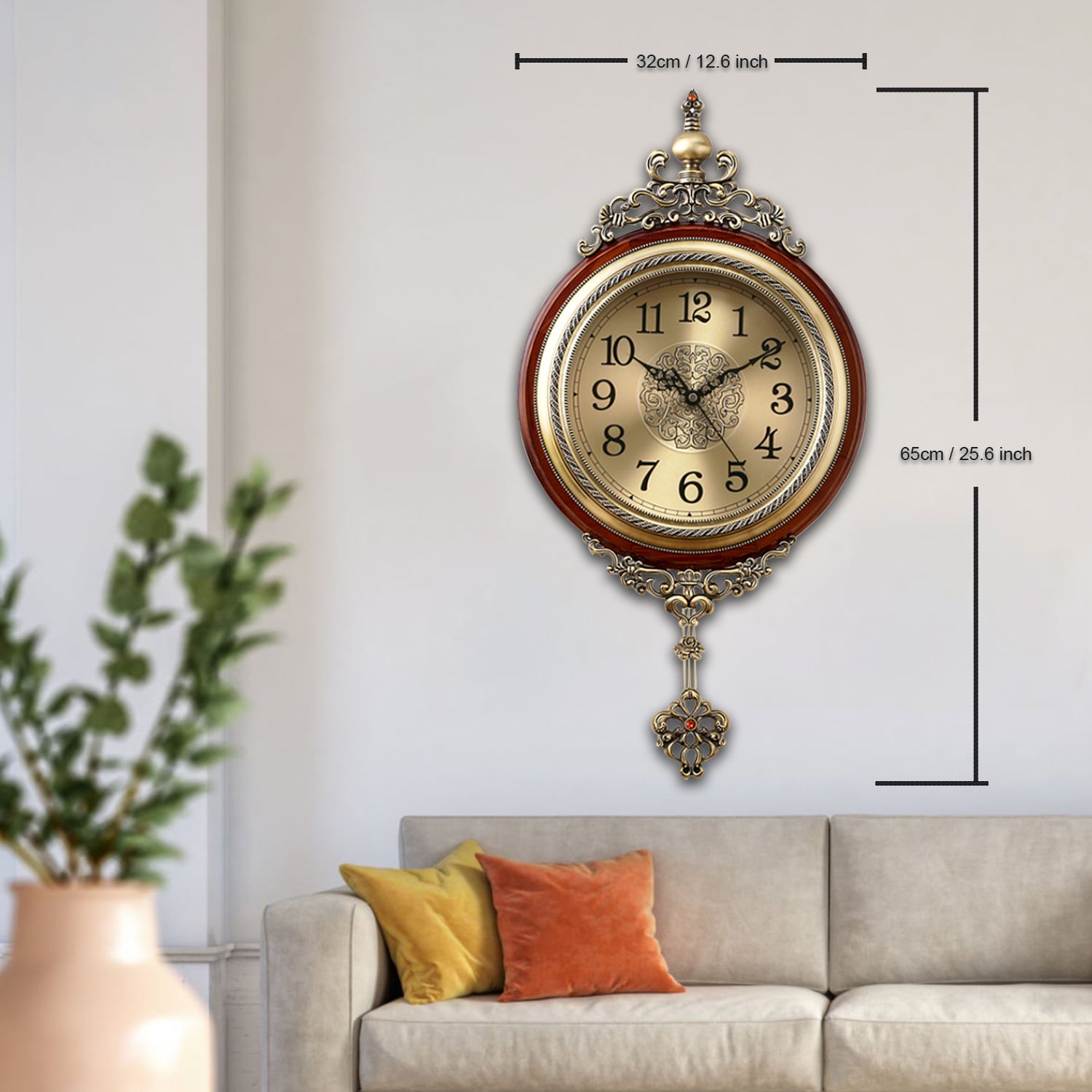 Pendulum Wall Clock, Size 12.6", Solid Wood, Battery Operated, Retro Vintage Clock - W891X23