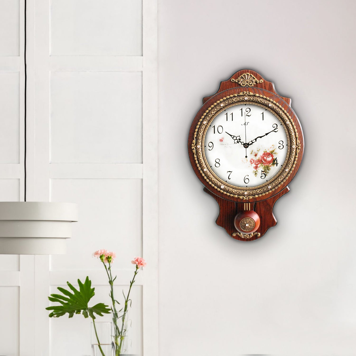 Pendulum Wall Clock, Size 8.7", Solid Wood, Battery Operated, Retro Vintage Clock - W166-1A