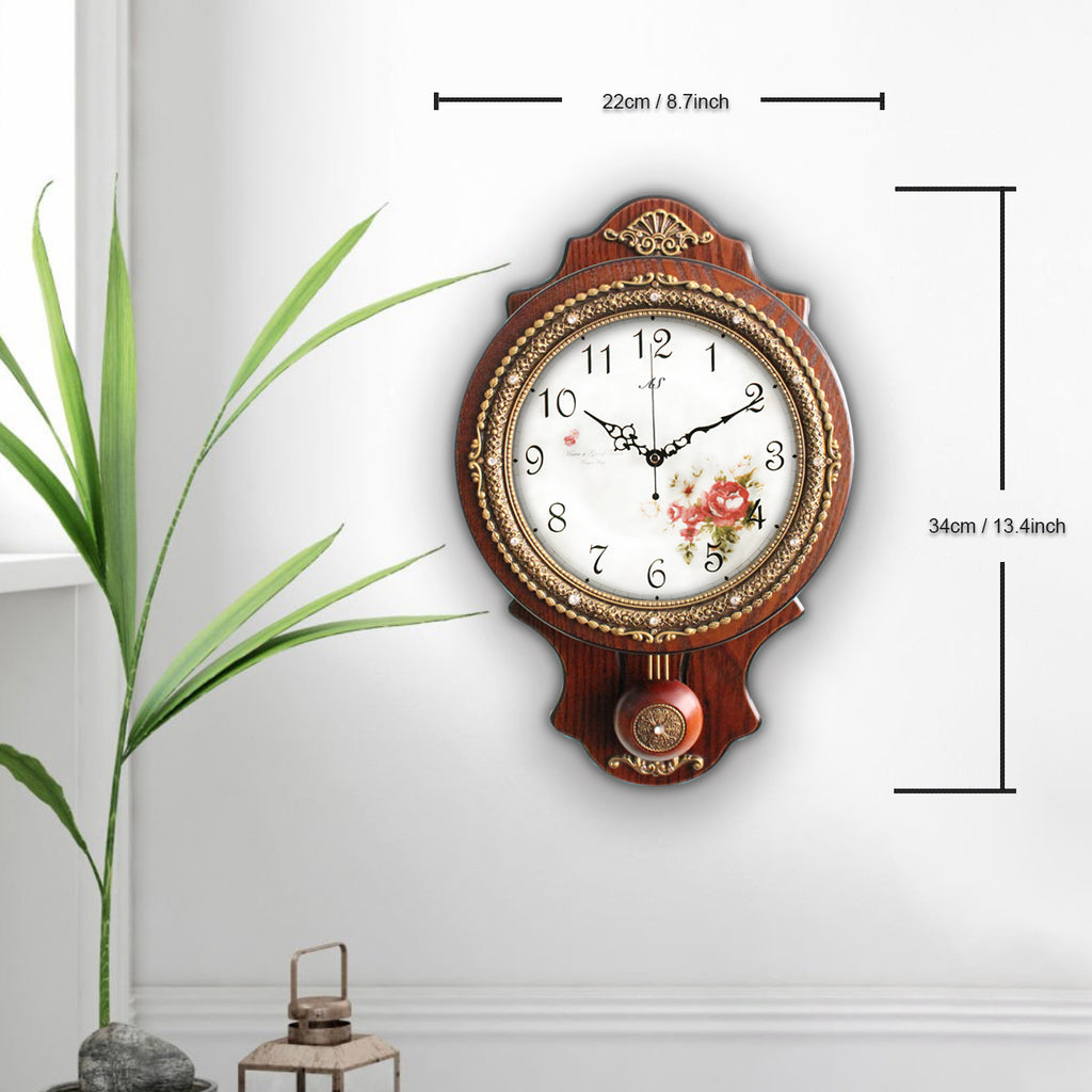 Pendulum Wall Clock, Size 8.7", Solid Wood, Battery Operated, Retro Vintage Clock - W166-1A