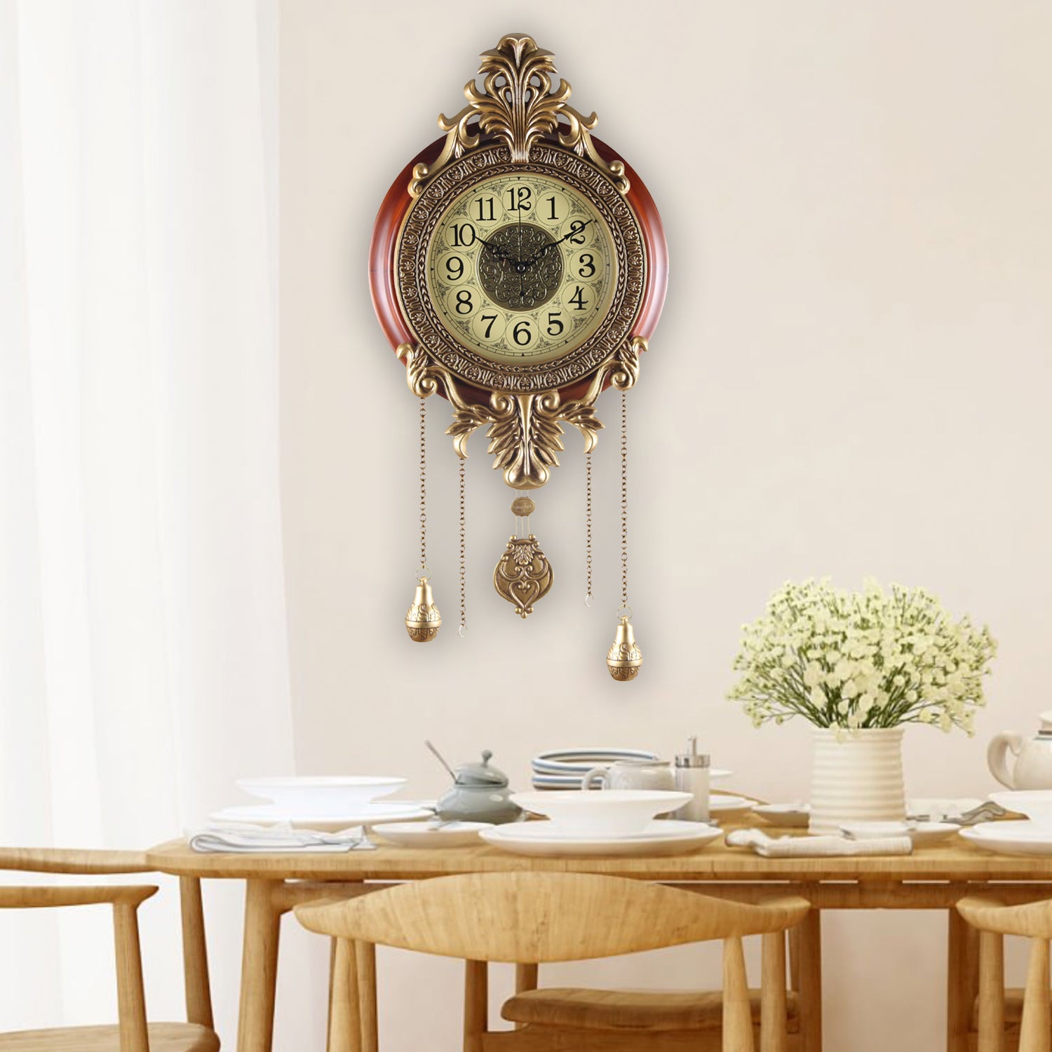 Pendulum Wall Clock, Size 14", Solid Wood, Battery Operated, Retro Vintage Clock - W206AX22