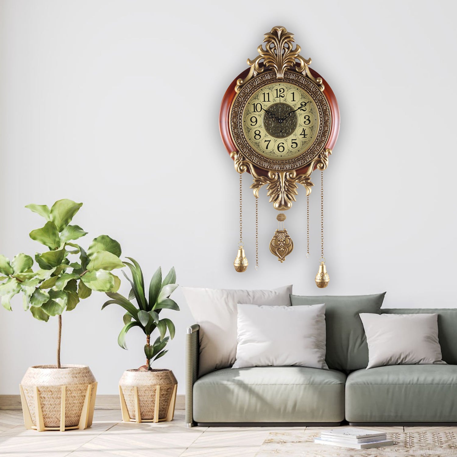 Pendulum Wall Clock, Size 14", Solid Wood, Battery Operated, Retro Vintage Clock - W206AX22