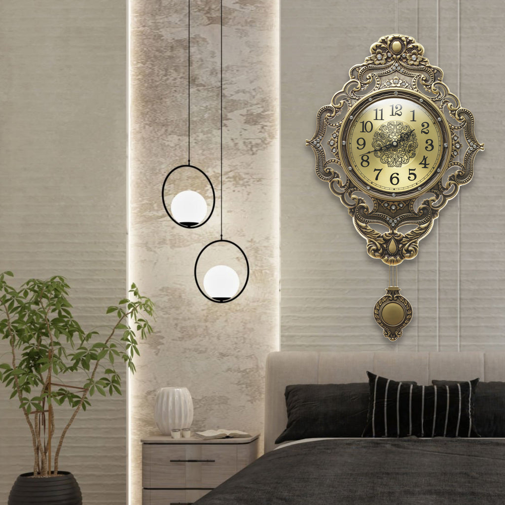 Pendulum Wall Clock, Size 14", Alloy Steel, Battery Operated, Retro Vintage Clock - W635BX23