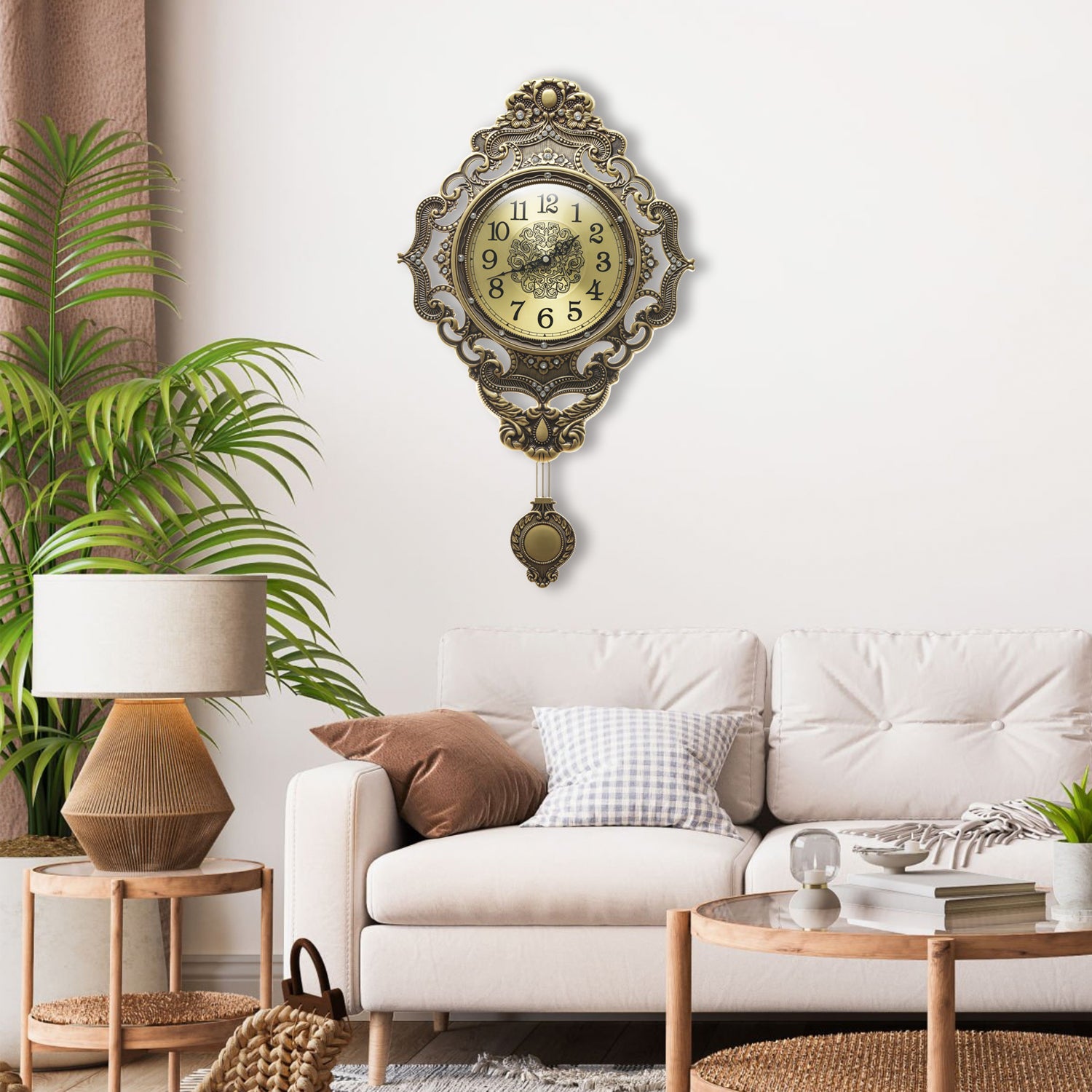 Pendulum Wall Clock, Size 14", Alloy Steel, Battery Operated, Retro Vintage Clock - W635BX23