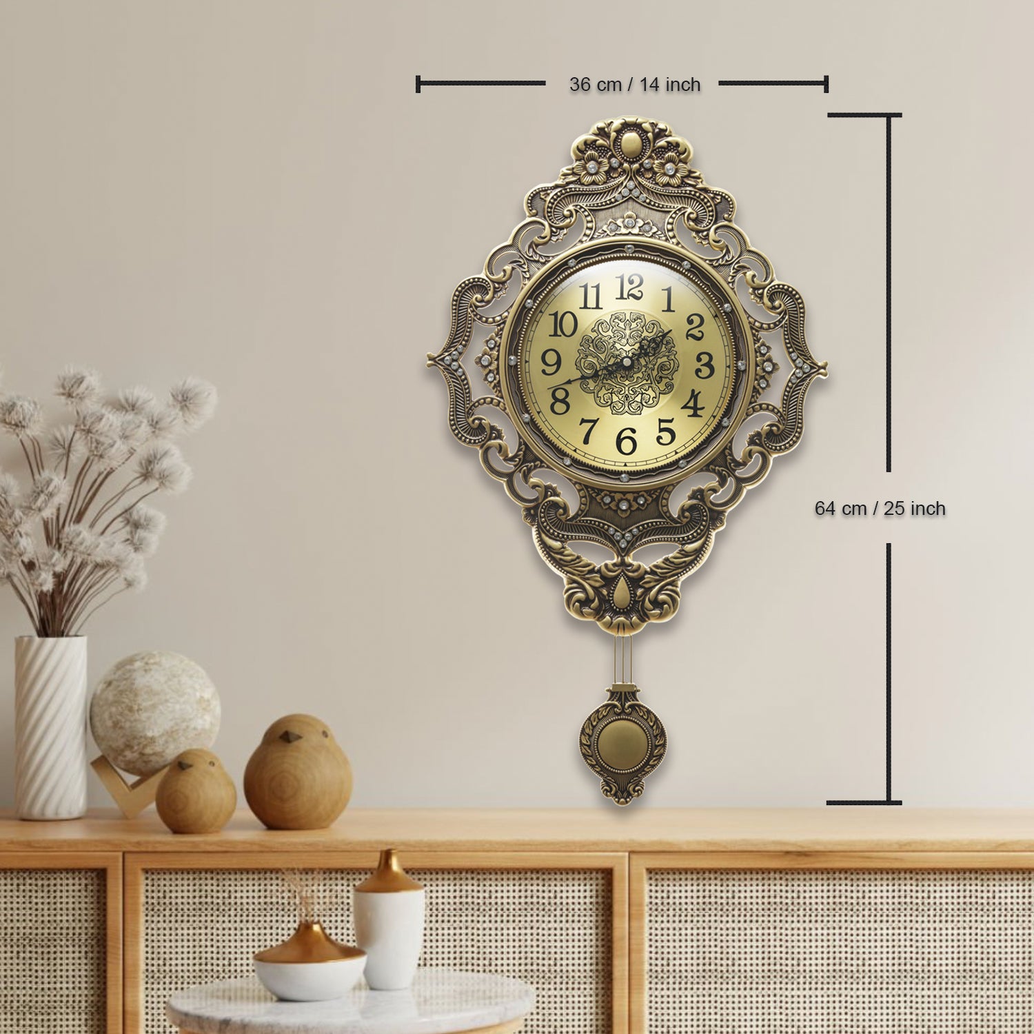 Pendulum Wall Clock, Size 14", Alloy Steel, Battery Operated, Retro Vintage Clock - W635BX23