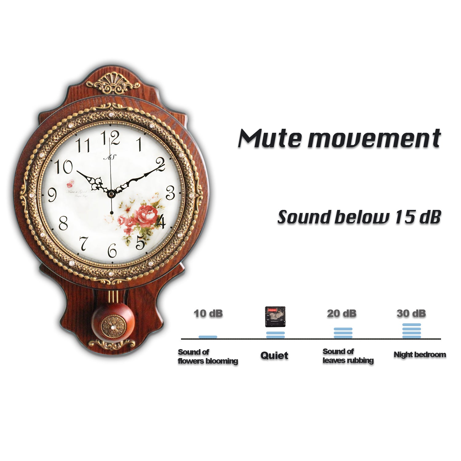 Pendulum Wall Clock, Size 8.7", Solid Wood, Battery Operated, Retro Vintage Clock - W166-1A